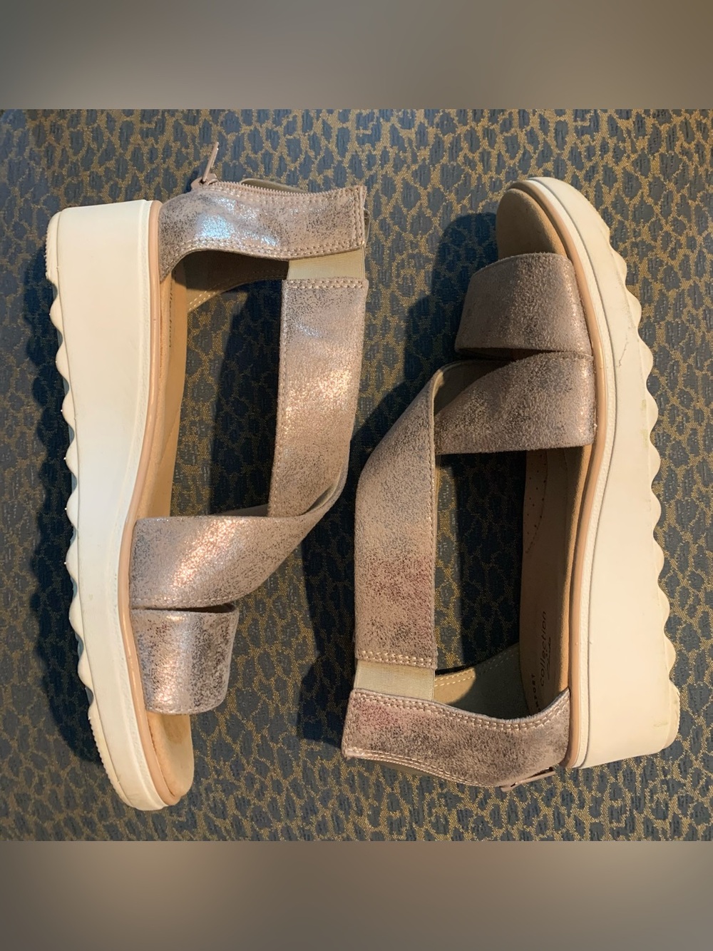 Clarks golden gray chrome suede wedge sandals